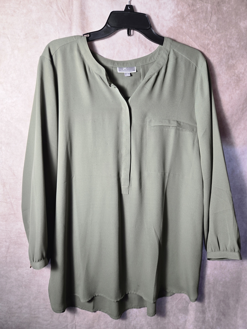 Long Sleeve Olive Green Blouse - Ladies Split Neck Top
